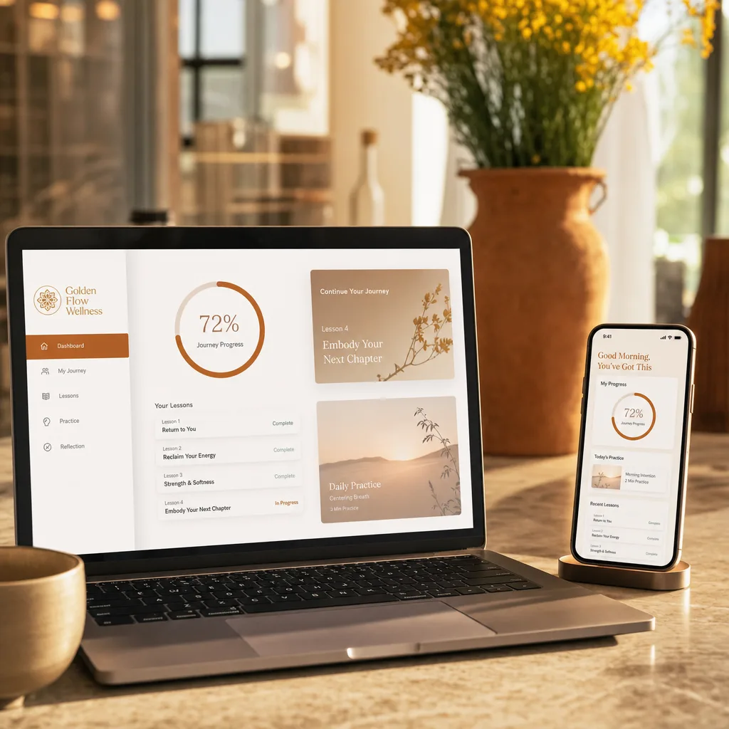 Inside the program: course dashboard with modules, lessons and reference guides
